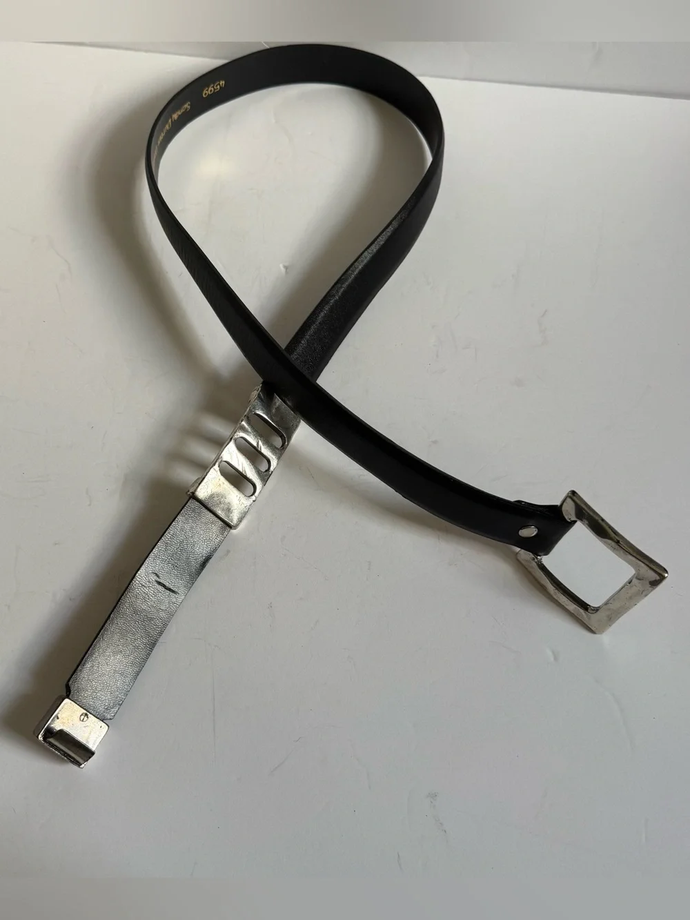 Vtg Sandy Duftler Black Leather Silver Tone Belt M Brutalist Modernist Buckle
